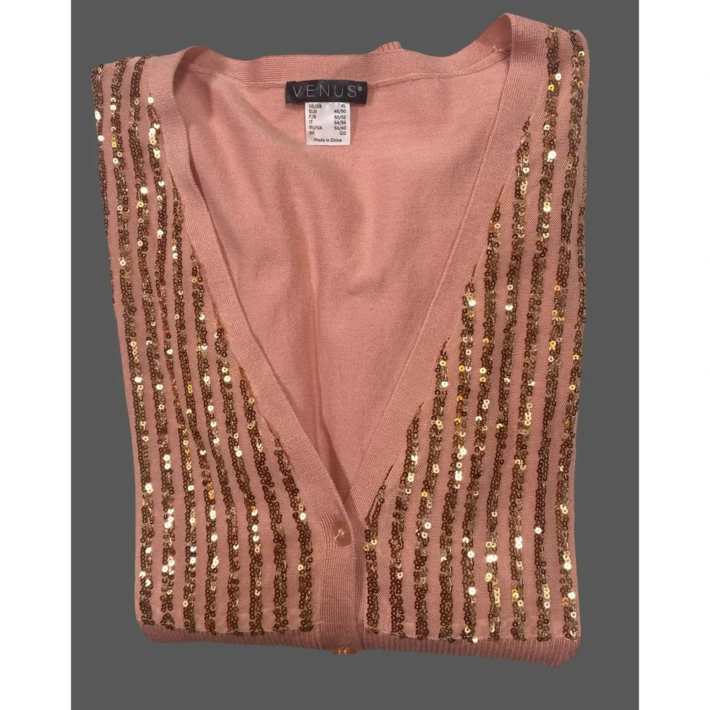 Venus Womens XL Pink Rose Gold Sequin Stripe Button‎ Front Cardigan Sweater NWOT